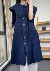 Vestidos de vacaciones de algodón con volantes y cuello Peter Pan de color azul vaquero de talla grande y manga corta